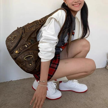 Qfdian Y2k Aesthetic Vintage Fashion Women's Handbags Casual Grunge Streetwear Shoulder Underarm Bag Female All Match Trendy Tote Bags